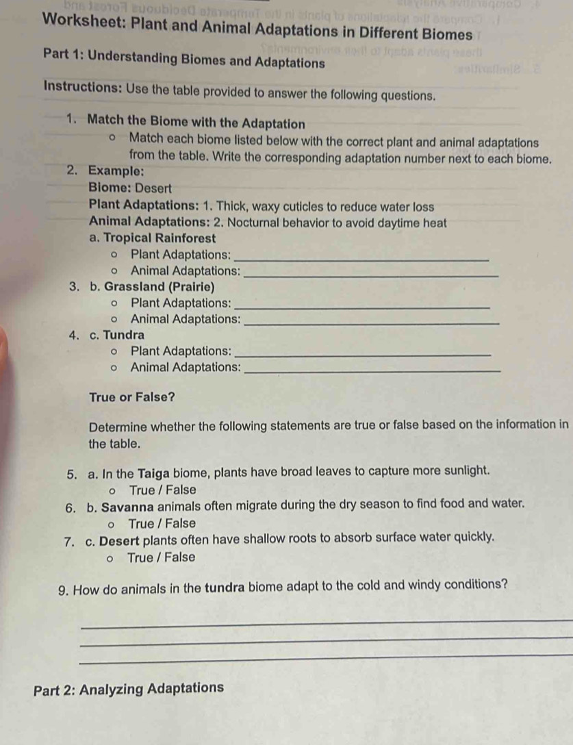 Solved: Worksheet: Plant and Animal Adaptations in Different Biomes ...