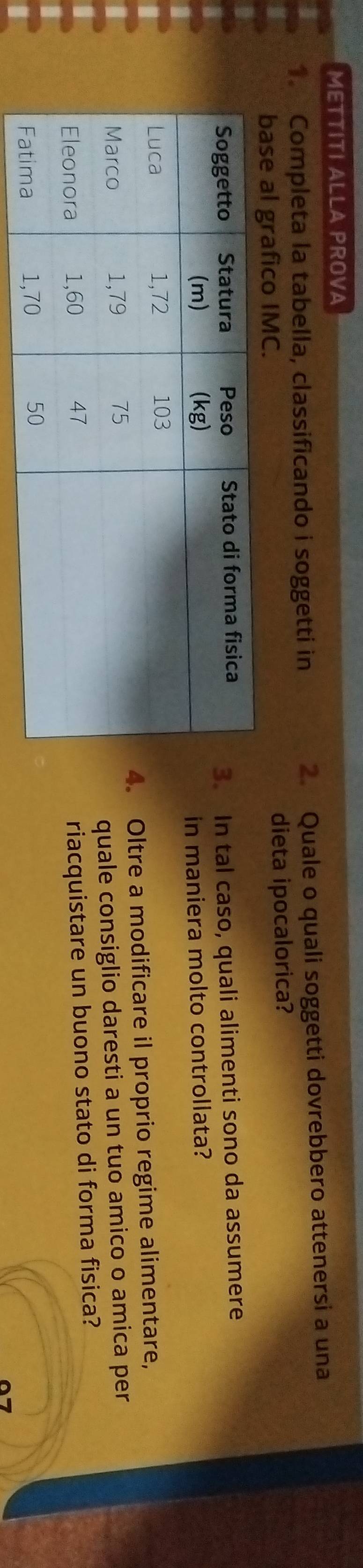 METTITI ALLA PROVA 
1. Completa la tabella, classificando i soggetti in 2. Quale o quali soggetti dovrebbero attenersi a una 
base al grafico IMC. dieta ipocalorica? 
. In tal caso, quali alimenti sono da assumere 
in maniera molto controllata? 
. Oltre a modificare il proprio regime alimentare, 
quale consiglio daresti a un tuo amico o amica per 
riacquistare un buono stato di forma fisica?