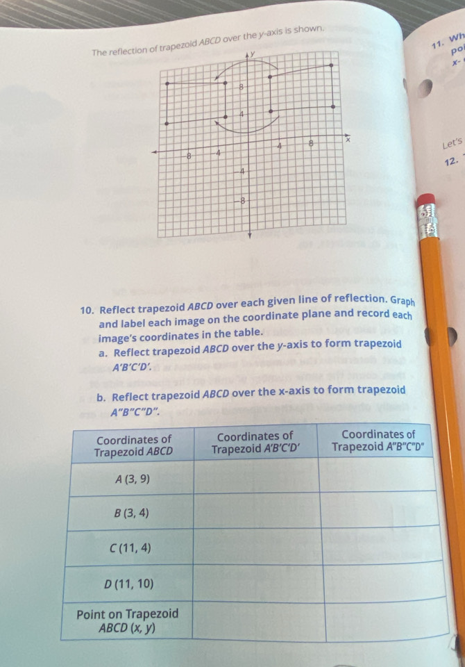 The reflection of trapezoid ABCD over the y-axis is shown.
11. Wh
y
pol
x-
8
4
-8 -4 4 8 
Let's
12. 
-4
-8
10. Reflect trapezoid ABCD over each given line of reflection, Graph
and label each image on the coordinate plane and record each
image’s coordinates in the table.
a. Reflect trapezoid ABCD over the y-axis to form trapezoid
A'B'C'D'.
b. Reflect trapezoid ABCD over the x-axis to form trapezoid
A''B'' C"D".