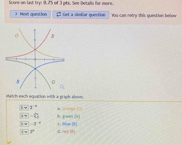 Score on last try: 0.75 of 3 pts. See Details for more.
Next question Get a similar question You can retry this question below
Match each equation with a graph above.
b 2^(-x) a. orange (O)
a -2 b. green (G)
b -2^(-x) c. blue (B)
d 2^x d. red (R)