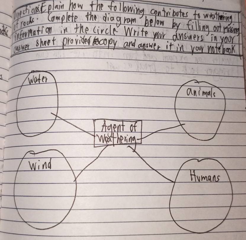 brections E plain how the following contribotes to wenthering 
cks 
f rocks. Complete the diagram below by filling out rissng 
information in the circle Write your answers in your 
answer shoot provided copy and answer it in your note book 
water 
animals 
Agent of 
Weat hering 
wind 
Humans