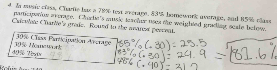 In music class, Charlie has a 78% test average, 83% homework average, and 85% class 
participation average. Charlie’s music teacher uses the weighted grading scale below. 
Calculate Charlie’s grade. Round to the nearest percent.
30% Class Participation Average
30% Homework
40% Tests