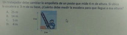 Un trabajador debe cambiar la ampolleta de un poste que mide 4 m de altura. Sí ubica
la escalera a 3 m de su base, ¿Cuánto debe medir la escalera para que llegue a esa altura?
A. 25 m
B. 14 m
C. 5 m
D. 4 m