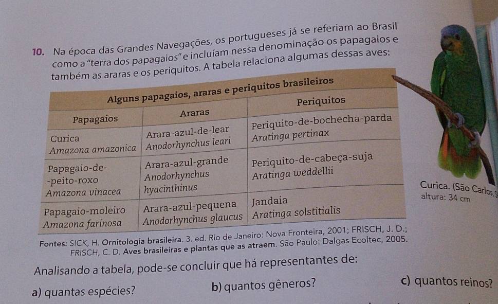 Na época das Grandes Navegações, os portugueses já se referiam ao Brasil 
a dos papagaios” e incluíam nessa denominação os papagaios e 
laciona algumas dessas aves: 
Curica. (São Carlos 
tura: 34 cm
Fontes: SICK, H. Ornitologia brasileira. 3. ed. Ri 
FRISCH, C. D. Aves brasileiras e plantas que as atraem. São Paulo: Dalgas Ecoltec, 2005. 
Analisando a tabela, pode-se concluir que há representantes de: 
a) quantas espécies? b) quantos gêneros? 
c) quantos reinos?