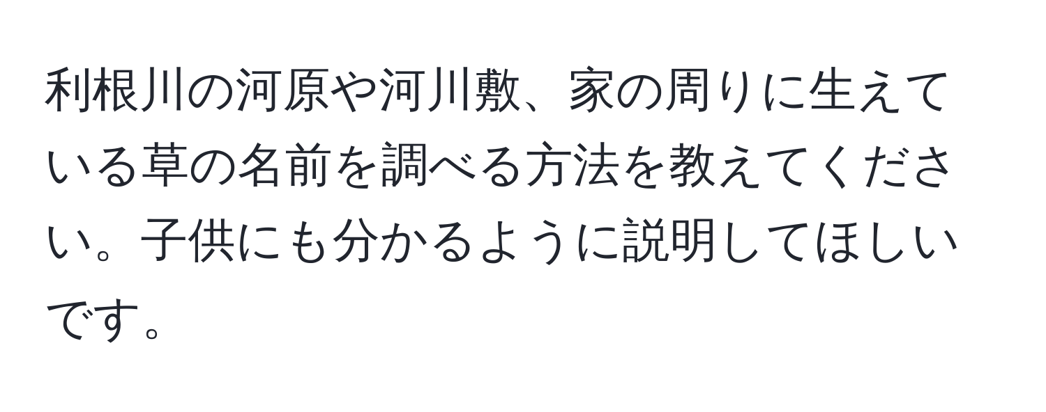 利根川の河原や河川敷、家の周りに生えている草の名前を調べる方法を教えてください。子供にも分かるように説明してほしいです。