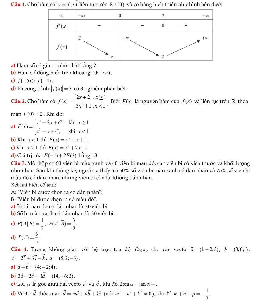 Cho hàm số y=f(x) liên tục trên R| 0 và có bảng biến thiên như hình bên dưới
a) Hàm số có giá trị nhỏ nhất bằng 2.
b) Hàm số đồng biến trên khoảng (0;+∈fty ).
c) f(-5)>f(-4).
d) Phương trình |f(x)|=3 có 3 nghiệm phân biệt
Câu 2. Cho hàm số f(x)=beginarrayl 2x+2,x≥ 1 3x^2+1,x<1endarray. Biết F(x) là nguyên hàm của f(x) và liên tục trên R thỏa
mãn F(0)=2. Khi đó:
a) F(x)=beginarrayl x^2+2x+C_1 x^3+x+C_2endarray. beginarrayr khix≥ 1 khix<1endarray
b) Khi x<1</tex> thì F(x)=x^3+x+1.
c) Khi x≥ 1 thì F(x)=x^2+2x-1.
d) Giá trị của F(-1)+2F(2) bằng 18.
Câu 3. Một hộp có 60 viên bi màu xanh và 40 viên bi màu đỏ; các viên bi có kích thước và khối lượng
như nhau. Sau khi thống kê, người ta thấy: có 50% số viên bi màu xanh có dán nhãn và 75% số viên bi
màu đỏ có dán nhãn; những viên bi còn lại không dán nhãn.
Xét hai biến cố sau:
A: ''Viên bi được chọn ra có dán nhãn'';
B: ''Viên bi được chọn ra có màu đỏ''.
a) Số bi màu đỏ có dán nhãn là 30 viên bi.
b) Số bi màu xanh có dán nhãn là 30 viên bi.
c) P(A|B)= 1/2 ,P(A|overline B)= 3/5 .
d) P(A)= 3/5 .
Câu 4. Trong không gian với hệ trục tọa độ Oxyz, cho các vecto vector a=(1;-2;3),vector b=(3;0;1),
vector c=2vector i+3vector j-vector k,vector d=(5;2;-3).
a) vector a+vector b=(4;-2;4).
b) 3vector a-2vector c+3vector d=(14;-6;2).
c) Gọi α là góc giữa hai vecto vector a và - ,khi đó 2sin alpha +tan alpha =1.
d) Vecto vector d thỏa mãn vector d=mvector a+nvector b+kvector c (với m^2+n^2+k^2!= 0) , khi đó m+n+p=- 1/7 .