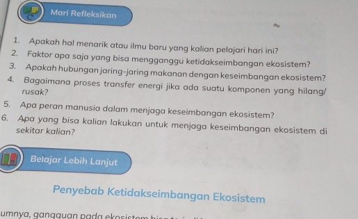 Mari Refleksikan 
1. Apakah hal menarik atau ilmu baru yang kalian pelajari hari ini? 
2. Faktor apa saja yang bisa mengganggu ketidakseimbangan ekosistem? 
3. Apakah hubungan jaring-jaring makanan dengan keseimbangan ekosistem? 
4. Bagaimana proses transfer energi jika ada suatu komponen yang hilang/ 
rusak? 
5. Apa peran manusia dalam menjaga keseimbangan ekosistem? 
6. Apa yang bisa kalian lakukan untuk menjaga keseimbangan ekosistem di 
sekitar kalian? 
Belajar Lebih Lanjut 
Penyebab Ketidakseimbangan Ekosistem 
umnyɑ, gançguɑn pada ekɑsistem