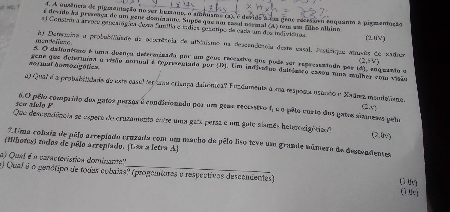 ó se, 1 
4. A ausência de pigmentação no ser humano, o albinismo (a), é devido à um gene recessivo enquanto a pigmentação 
é devido há presença de um gene dominante. Supõe que um casal normal (A) tem um filho albino. 
a) Constrói a árvore genealógica desta família e indica genótipo de cada um dos indivíduos. 
mendeliano. 
(2.0V)
b) Determina a probabilidade de ocorrência de albinismo na descendência deste casal. Justifique através do xadrez 
5. O daltonismo é uma doença determinada por um gene recessivo que pode ser representado por (d), enquanto o
(2,5V)
normal homozigótica. 
gene que determina a visão normal é representado por (D). Um indivíduo daltónico casou uma mulher com visão 
a) Qual é a probabilidade de este casal ter uma criança daltónica? Fundamenta a sua resposta usando o Xadrez mendeliano. 
seu alelo F. 
6.O pêlo comprido dos gatos persas é condicionado por um gene recessivo f, e o pêlo curto dos gatos siameses pelo
2.v
Que descendência se espera do cruzamento entre uma gata persa e um gato siamês heterozigótico? 
(2.0v)
7.Uma cobaia de pêlo arrepiado cruzada com um macho de pêlo liso teve um grande número de descendentes 
(filhotes) todos de pêlo arrepiado. Usa a letra A 
a) Qual é a característica dominante? 
o) Qual é o genótipo de todas cobaias? (progenitores e respectivos descendentes) 
(1.0v) 
(1.0v)