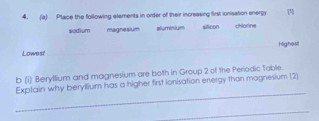 Place the following elements in order of their increasing first ionisation energy. [1]
sodium magnesium aluminium silicon chlorine
Highest
Lowest
b (i) Beryllium and magnesium are both in Group 2 of the Periodic Table.
_
Explain why beryllium has a higher first ionisation energy than magnesium (2)
_