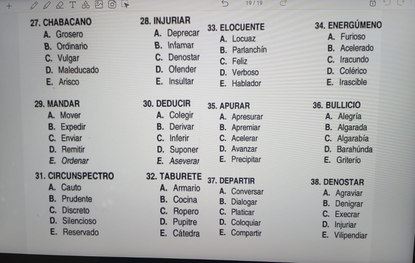 19 / 19
27. CHABACANO 28. INJURIAR
A. Grosero A. Deprecar 33. ELOCUENTE
34. ENERGÚMENO
A. Locuaz A. Furioso
B. Ordinario B. Infamar B. Parlanchín B. Acelerado
C. Vulgar C. Denostar C. Feliz C. Iracundo
D. Maleducado D. Ofender D. Verboso D. Colérico
E. Arisco E. Insultar E. Hablador E. Irascible
29. MANDAR 30. DEDUCIR 35. APURAR 36. BULLICIO
A. Mover A. Colegir A. Apresurar A. Alegría
B.Expedir B. Derivar B. Apremiar B. Algarada
C. Enviar C. Inferir C. Acelerar C. Algarabía
D. Remitir D. Suponer D. Avanzar D. Barahúnda
E. Ordenar E. Aseverar E. Precipitar E. Griterío
31. CIRCUNSPECTRO 32. TABURETE 37. DEPARTIR
38. DENOSTAR
A. Cauto A. Armario A. Conversar A. Agraviar
B. Prudente B. Cocina B. Dialogar
B. Denigrar
C. Discreto C. Ropero C. Platicar C. Execrar
D. Silencioso D. Pupitre D. Coloquiar
D. Injuriar
E. Reservado E. Cátedra E. Compartir E. Vilipendiar