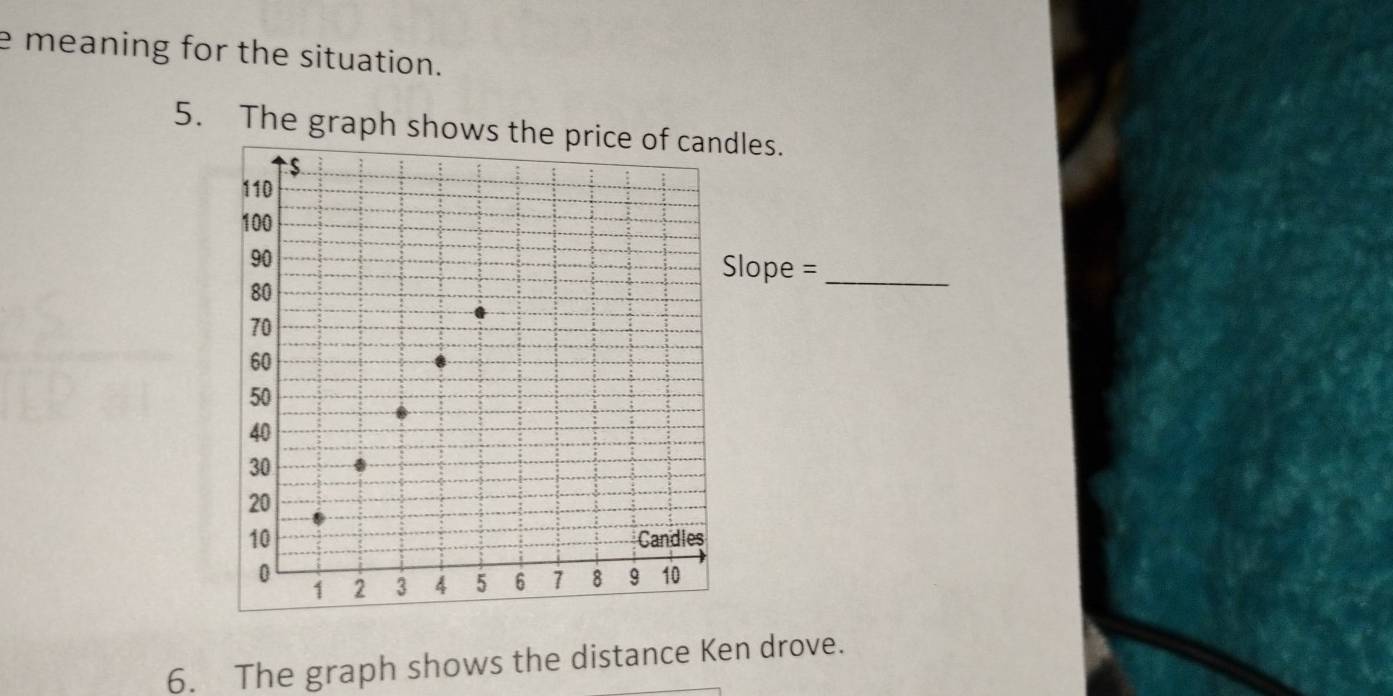 meaning for the situation. 
5. The graph shows the dles. 
Slope =_ 
6. The graph shows the distance Ken drove.