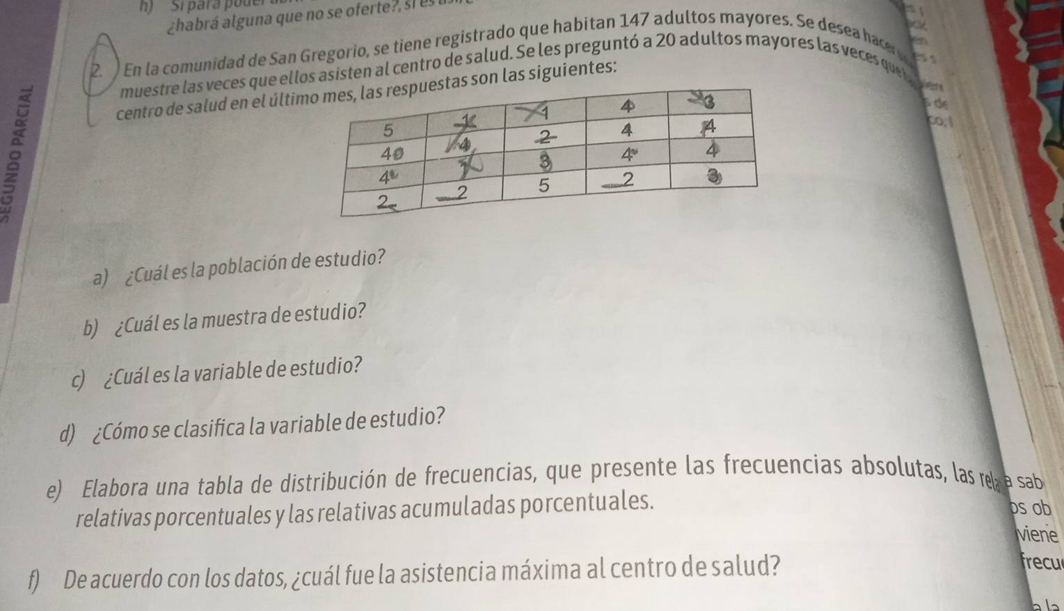 Sí para poder 
¿habrá alguna que no se oferte?, si es u
2. En la comunidad de San Gregorio, se tiene registrado que habitan 147 adultos mayores. Se desea hacer 
 
muestre las veces que ellos asisten al centro de salud. Se les preguntó a 20 adultos mayores las veces que  
。
centro de salud en el últias son las siguientes:
  
co
a) ¿Cuál es la población de estudio?
b) ¿Cuál es la muestra de estudio?
c) ¿Cuál es la variable de estudio?
d) ¿Cómo se clasifica la variable de estudio?
e) Elabora una tabla de distribución de frecuencias, que presente las frecuencias absolutas, las re a sab
relativas porcentuales y las relativas acumuladas porcentuales.
os ob
viene
f) De acuerdo con los datos, ¿cuál fue la asistencia máxima al centro de salud?
frecu
l