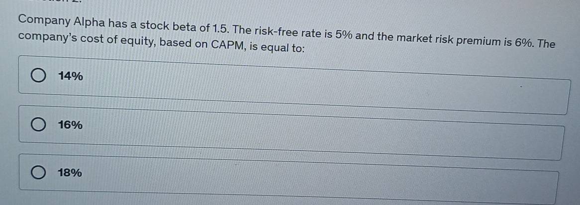 Company Alpha has a stock beta of 1.5. The risk-free rate is 5% and the market risk premium is 6%. The
company's cost of equity, based on CAPM, is equal to:
14%
16%
18%