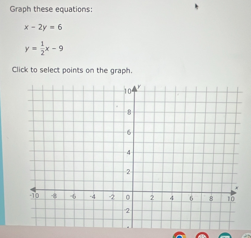 Graph these equations:
x-2y=6
y= 1/2 x-9
Click to select points on the graph.