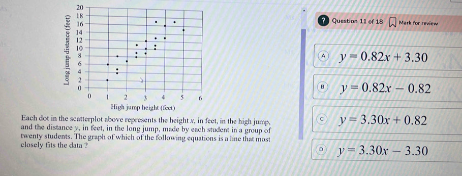 ? Question 11 of 18
Mark for review
A y=0.82x+3.30
B y=0.82x-0.82
Each dot in the scatterplot above represents the height x, in feet, in the high jump,
y=3.30x+0.82
and the distance y, in feet, in the long jump, made by each student in a group of
twenty students. The graph of which of the following equations is a line that most
closely fits the data ?
y=3.30x-3.30