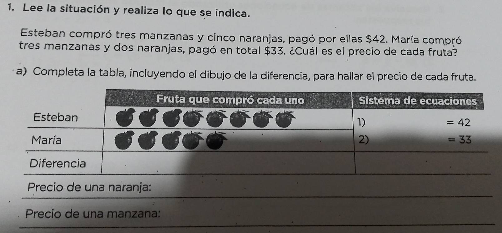 Lee la situación y realiza lo que se indica.
Esteban compró tres manzanas y cinco naranjas, pagó por ellas $42. María compró
tres manzanas y dos naranjas, pagó en total $33. ¿Cuál es el precio de cada fruta?
a) Completa la tabla, incluyendo el dibujo de la diferencia, para hallar el precio de cada fruta.
Precio de una naranja:
Precio de una manzana: