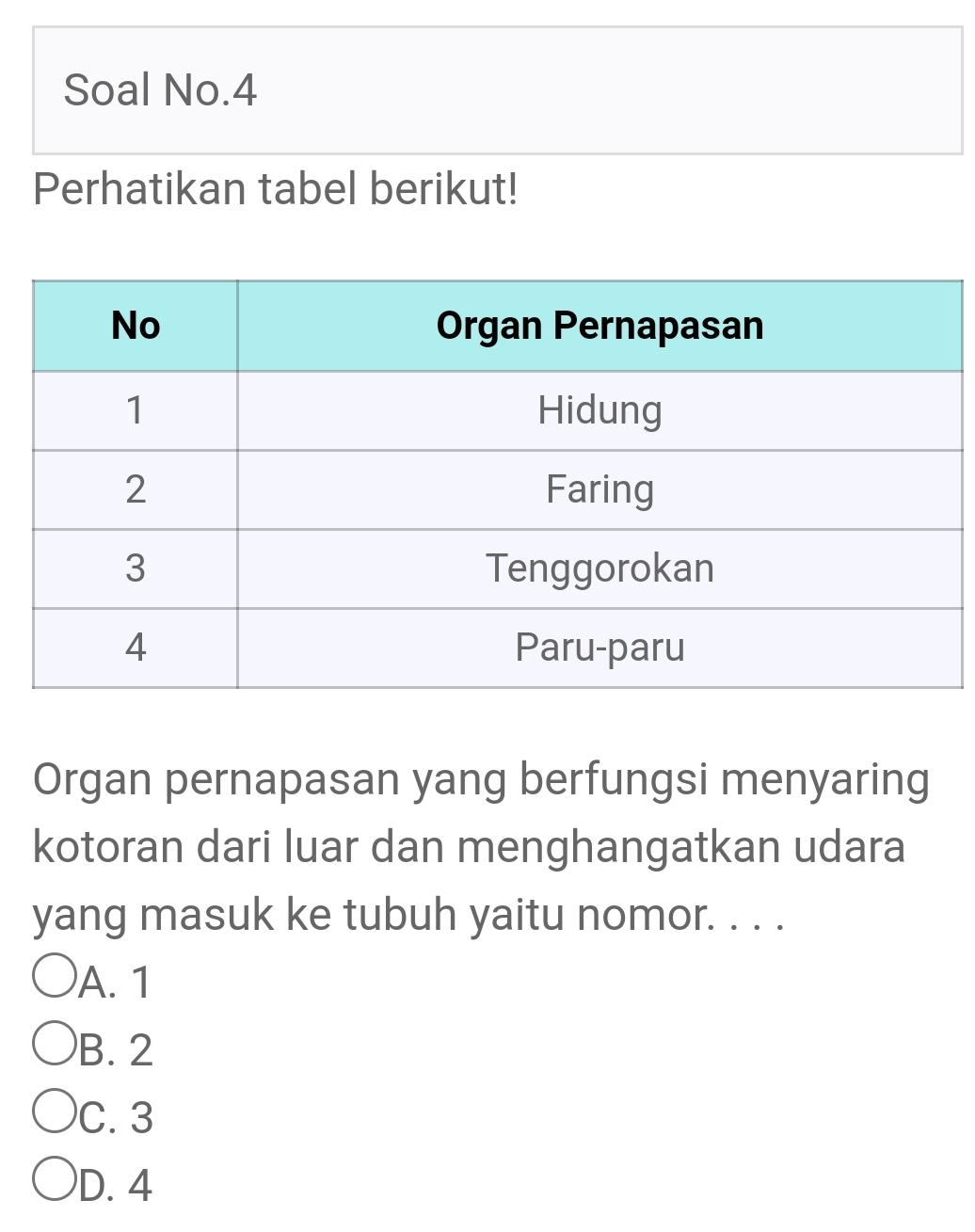 Soal No.4
Perhatikan tabel berikut!
Organ pernapasan yang berfungsi menyaring
kotoran dari luar dan menghangatkan udara
yang masuk ke tubuh yaitu nomor. . . .
A. 1
B. 2
C. 3
D. 4