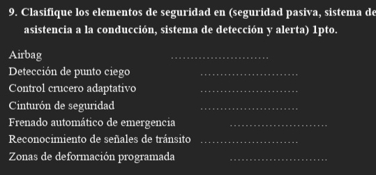 Clasifique los elementos de seguridad en (seguridad pasiva, sistema de 
asistencia a la conducción, sistema de detección y alerta) 1pto. 
Airbag 
_ 
Detección de punto ciego_ 
Control crucero adaptativo_ 
Cinturón de seguridad_ 
Frenado automático de emergencia_ 
Reconocimiento de señales de tránsito_ 
Zonas de deformación programada_