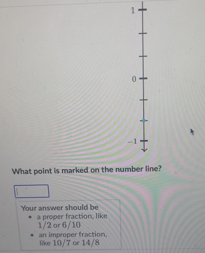 1
0
-1
What point is marked on the number line?
Your answer should be
a proper fraction, like
1/2 or 6/10
an improper fraction,
like 10/7 or 14/8