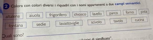 Colora con colori diversi i riquadri con i nomi appartenenti a due campi semantici.
altalena aiuola frigorifero chiosco lavello parco forno pista
fontana sedie lavastoviglie scivolo tavolo cucina
Quali sono?
_
''vicipi di significato''.