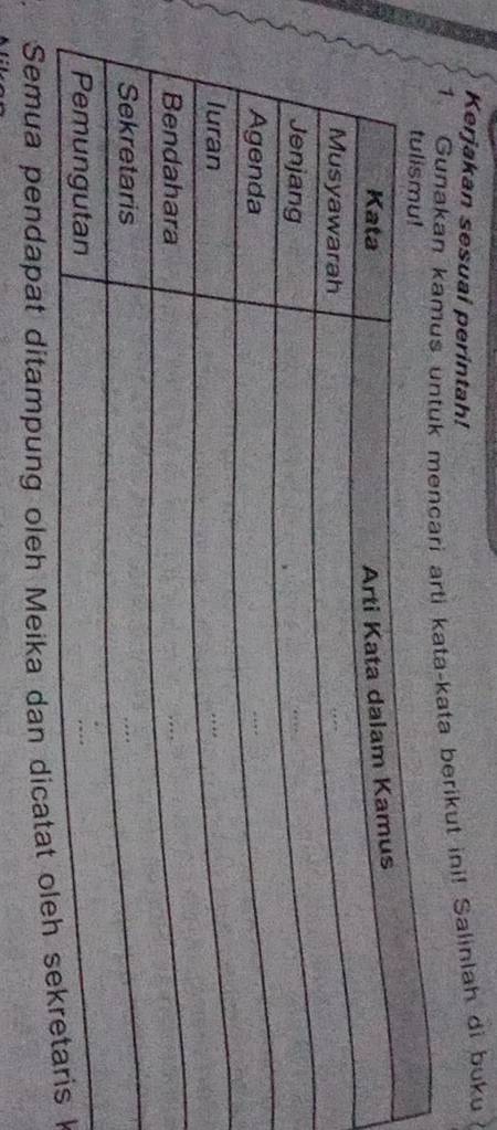 Kerjakan sesuai perintah! 
1. Gunakan kamus untuk mencari arti kata-kata berikut ini! Salinlah di buku 
Semua pendapat ditampung oleh Meika dan I