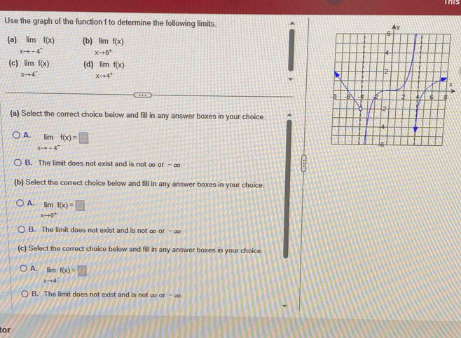 Is
Use the graph of the function f to determine the following limits. 
(a) limlimits _xto -4^-f(x) (b) limlimits _xto 0^+f(x)
(c) limlimits _xto 4^-f(x) (d) limlimits _xto 4^+f(x)
(a) Select the correct choice below and fill in any answer boxes in your choice. ^
A. limlimits _xto -4^-f(x)=□
B. The limit does not exist and is not ∞ or - ∞
:
(b) Select the correct choice below and fill in any answer boxes in your choice.
A. limlimits _xto 0^+f(x)=□
B. The limit does not exist and is not ∞ or - ∞
(c) Select the correct choice below and fill in any answer boxes in your choice.
A. limlimits _xto 4^-f(x)=□
B. The limit does not exist and is not ∞ or -∞
tor