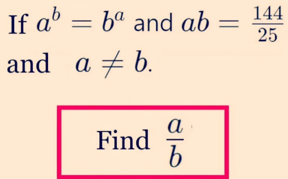 If a^b=b^a and ab= 144/25 
and a!= b. 
Find  a/b 