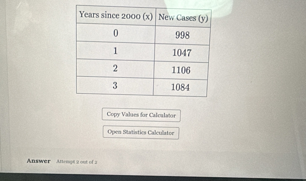 Copy Values for Calculator 
Open Statistics Calculator 
Answer Attempt 2 out of 2