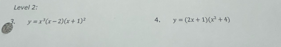 Level 2:
3. y=x^3(x-2)(x+1)^2 4. y=(2x+1)(x^2+4)