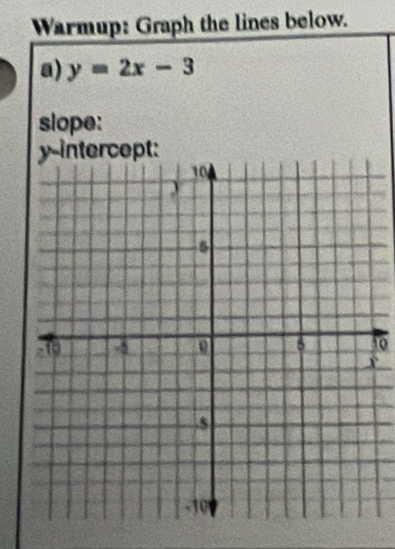 Warmup: Graph the lines below. 
a) y=2x-3
slope: 
30