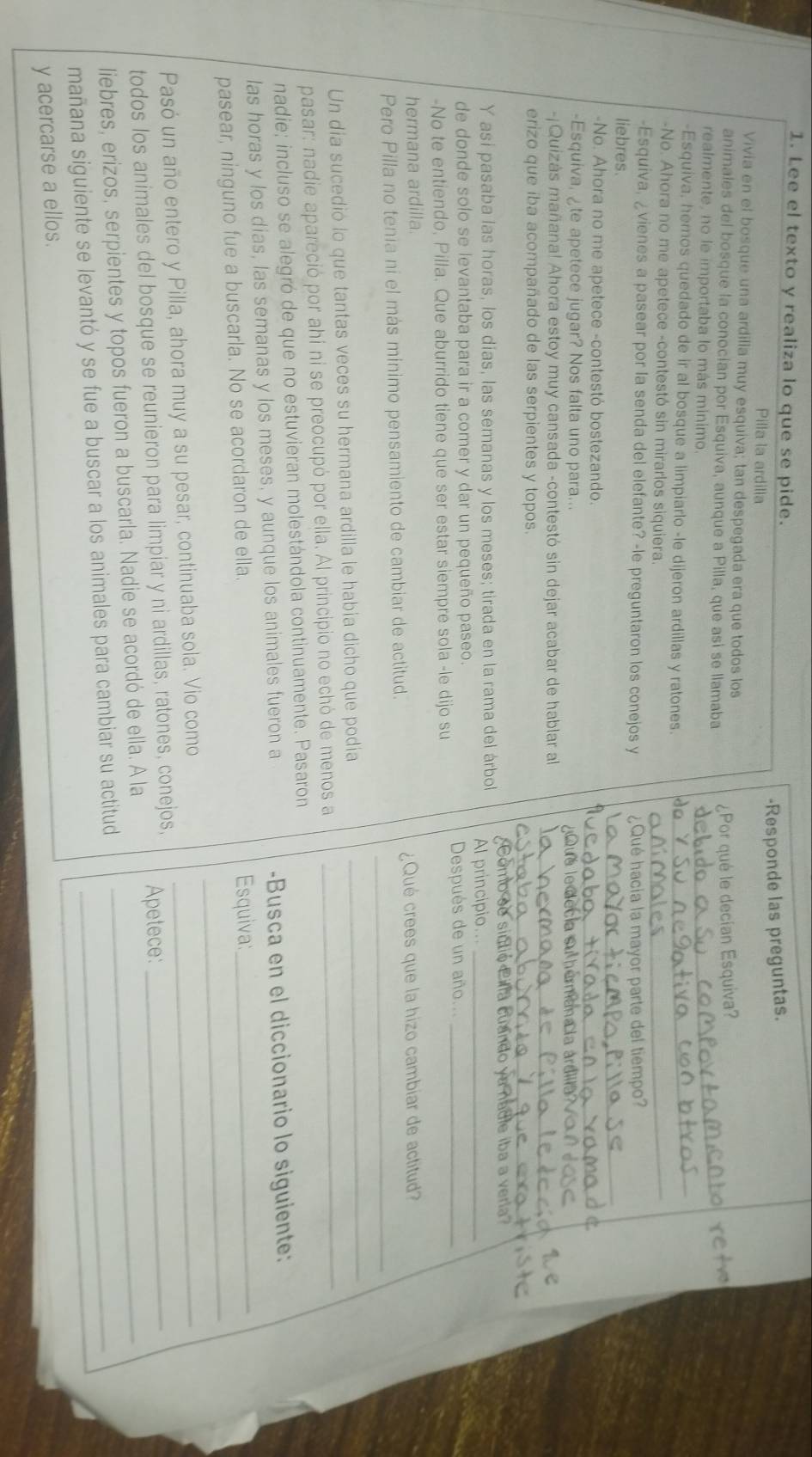 Lee el texto y realiza lo que se pide.
Pilla la ardilla -Responde las preguntas.
Vivia en el bosque una ardilia muy esquiva; tan despegada era que todos los
animales del bosque la conocian por Esquiva, aunque a Pilla, que así se llamaba ¿Por qué le decían Esquiva?
realmente, no le importaba lo más minimo.
_
-Esquiva, hemos quedado de ir al bosque a limpiarlo -le dijeron ardillas y ratones._
-No. Ahora no me apetece -contestó sin mirarlos siquiera._
-Esquiva, ¿vienes a pasear por la senda del elefante? -le preguntaron los conejos y ¿ Qué hacía la mayor parte del tiempo?
_
liebres.
_
-No. Ahora no me apetece -contestó bostezando.
-Esquiva, ¿te apetece jugar? Nos falta uno para.. a su hermana la árdill 
_
-¡Quizás mañana! Ahora estoy muy cansada -contestó sin dejar acabar de hablar al
_
erizo que iba acompañado de las serpientes y topos.
e siclio Lila cuando ya nadie iba a veria?
Y así pasaba las horas, los días, las semanas y los meses; tirada en la rama del árbol Al principio..._
de donde solo se levantaba para ir a comer y dar un pequeño paseo.  Después de un año..._
-No te entiendo, Pilla. Que aburrido tiene que ser estar siempre sola -le dijo su
hermana ardilla.
¿Qué crees que la hizo cambiar de actitud?
Pero Pilla no tenia ní el más minimo pensamiento de cambiar de actitud._
Un día sucedió lo que tantas veces su hermana ardilla le había dicho que podía_
_
pasar: nadie apareció por ahí ni se preocupó por ella. Al principio no echó de menos a
nadie; incluso se alegró de que no estuvieran molestándola continuamente. Pasaron
las horas y los dias, las semanas y los meses, y aunque los animales fueron a -Busca en el diccionario lo siguiente:
_
pasear, ninguno fue a buscarla. No se acordaron de ella. Esquiva:_
Pasó un año entero y Pilla, ahora muy a su pesar, continuaba sola. Vio como_
todos los animales del bosque se reunieron para limpiar y ni ardillas, ratones, conejos, Apetece:_
liebres, erizos, serpientes y topos fueron a buscarla. Nadie se acordó de ella. A la_
mañana siguiente se levantó y se fue a buscar a los animales para cambiar su actitud_
y acercarse a ellos.