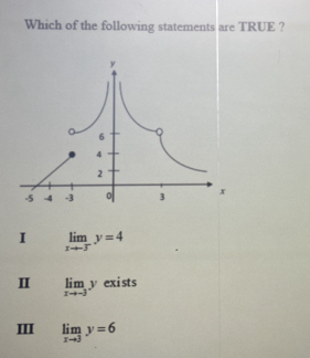 Which of the following statements are TRUE ?
I limlimits _xto -3y=4
I limlimits _xto -3y exists
III limlimits _xto 3y=6