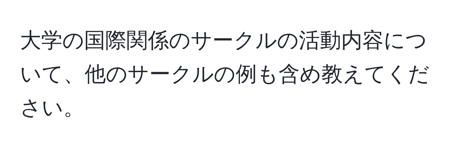 大学の国際関係のサークルの活動内容について、他のサークルの例も含め教えてください。