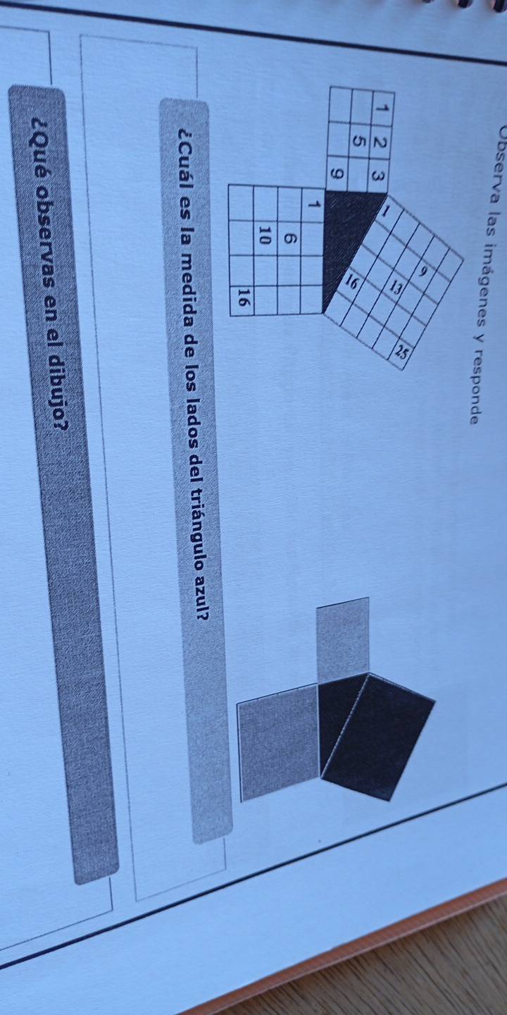 Observa las imágenes y responde 
a
5
1 2 3
5
9
1
6
10
16
¿Cuál es la medida de los lados del triángulo azul? 
¿Qué observas en el dibujo?