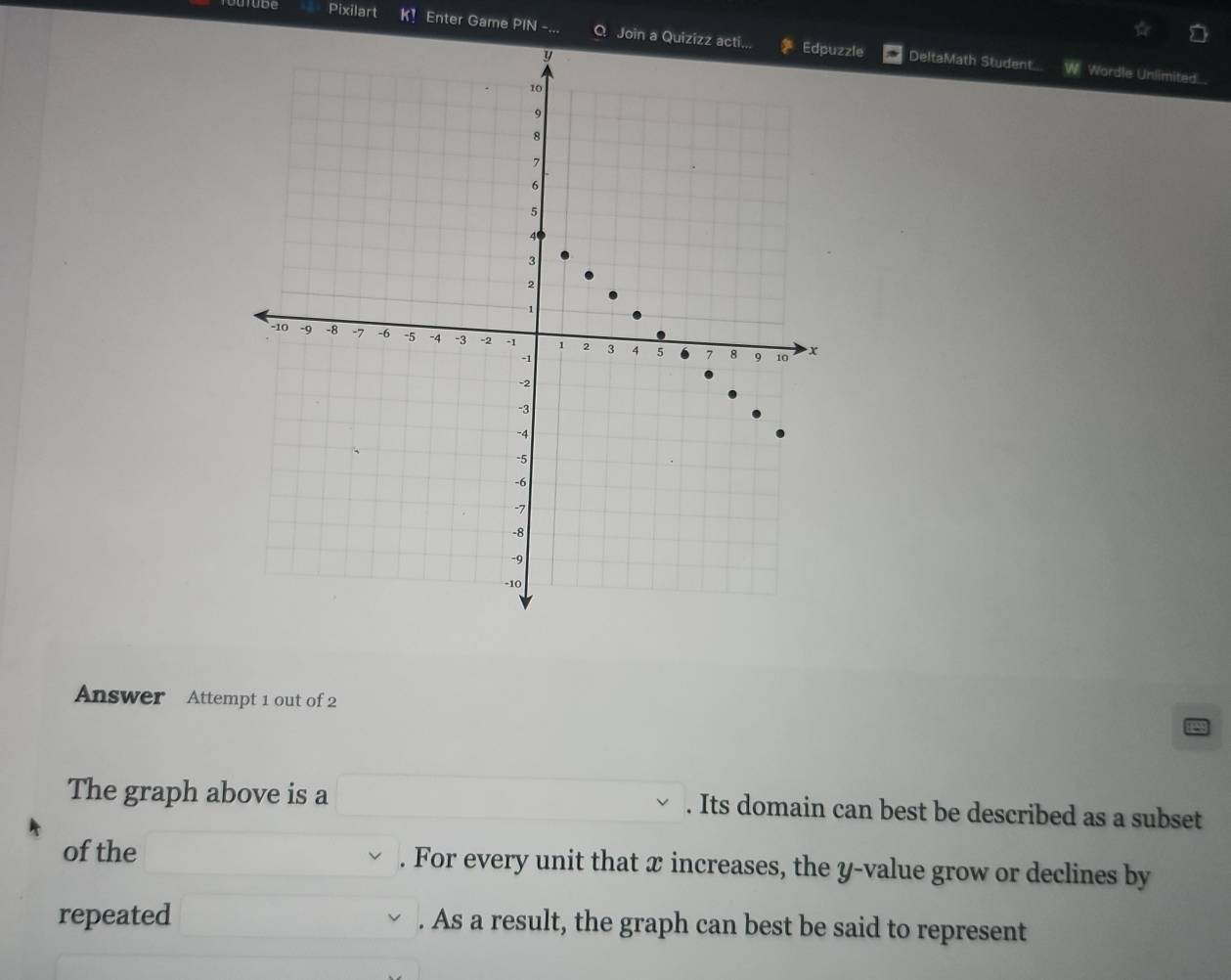 Pixilart K1 Enter Game PIN -... Join ale DeltaMath Student.. 
Wordle Unlimited. 
Answer Attempt 1 out of 2 
The graph above is a . Its domain can best be described as a subset 
of the . For every unit that x increases, the y -value grow or declines by 
repeated . As a result, the graph can best be said to represent