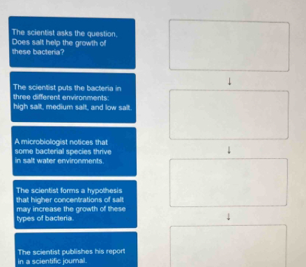 The scientist asks the question. 
Does salt help the growth of 
these bacteria? 
The scientist puts the bacteria in 
three different environments: 
high salt, medium salt, and low salt 
A microbiologist notices that 
some bacterial species thrive 
in salt water environments. 
The scientist forms a hypothesis 
that higher concentrations of salt 
may increase the growth of these 
types of bacteria. 
The scientist publishes his report 
in a scientific journal.