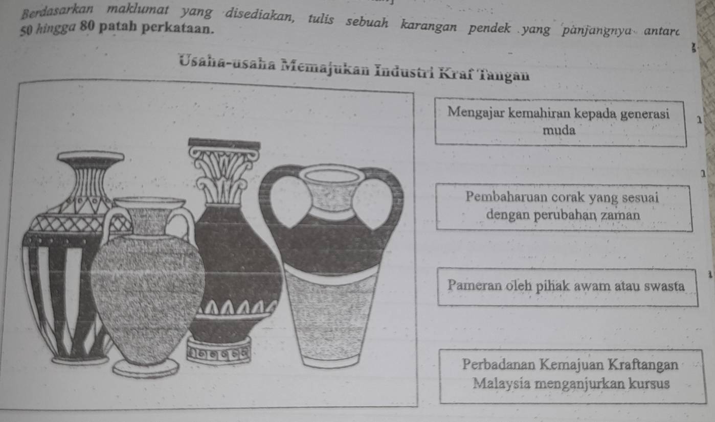 Berdasarkan maklumat yang disediakan, tulis sebuah karangan pendek yang pànjangnya antara
50 hingga 80 patah perkataan. 
Usaha-usaha Memajukan Industri Kraf Tangan 
Mengajar kemahiran kepada generasi 1
muda 
1 
Pembaharuan corak yang sesuai 
dengan perubahan zaman 
1 
Pameran oleh pihak awam atau swasta 
Perbadanan Kemajuan Kraftangan 
Malaysia menganjurkan kursus