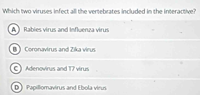 Which two viruses infect all the vertebrates included in the interactive?
A Rabies virus and Influenza virus
B Coronavirus and Zika virus
C Adenovirus and T7 virus
D Papillomavirus and Ebola virus