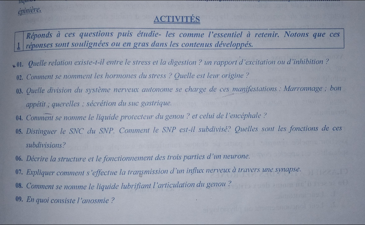 épinière. 
ACTIVITÉS 
Réponds à ces questions puis étudie- les comme l'essentiel à retenir. Notons que ces 
1e réponses sont soulignées ou en gras dans les contenus développés. 
201. Quelle relation existe-t-il entre le stress et la digestion ? un rapport d'excitation ou d’inhibition ? 
02. Comment se nomment les hormones du stress ? Quelle est leur origine ? 
03. Quelle division du système nerveux autonome se charge de ces manifestations : Marronnage ; bon 
appétit ; querelles ; sécrétion du suc gastrique. 
04. Comment se nomme le liquide protecteur du genou ? et celui de l'encéphale ? 
05. Distinguer le SNC du SNP. Comment le SNP est-il subdivisé? Quelles sont les fonctions de ces 
subdivisions? 
06. Décrire la structure et le fonctionnement des trois parties d’un neurone. 
07. Expliquer comment S deffectue la transmission d'un influx nerveux à travers une synapse. 
08. Comment se nomme le liquide lubrifiant l'articulation du genou ? 
09. En quoi consiste l’anosmie ?