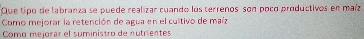 Que tipo de labranza se puede realizar cuando los terrenos son poco productivos en maíz
Como mejorar la retención de agua en el cultivo de maíz
Como mejorar el suministro de nutrientes