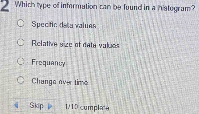 Solved: Which type of information can be found in a histogram? Specific ...