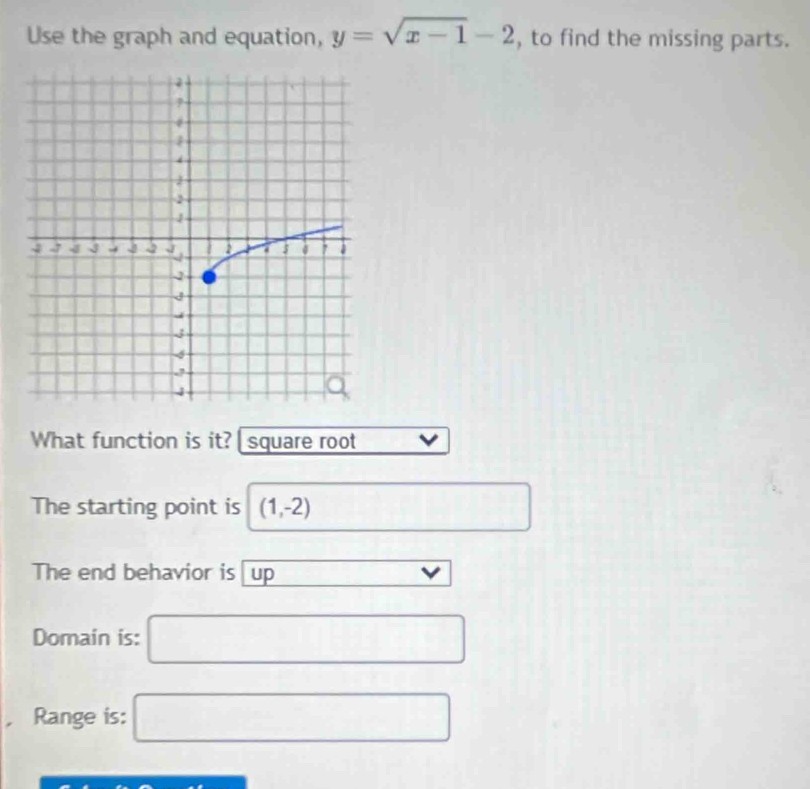 Use the graph and equation, y=sqrt(x-1)-2 , to find the missing parts. 
What function is it?[ square root 
The starting point is (1,-2)
The end behavior is up V 
Domain is: □ □ □ □ ∴ ∠ D,4)
, Range is: □  x_x,a_1)(x_2,a_3)