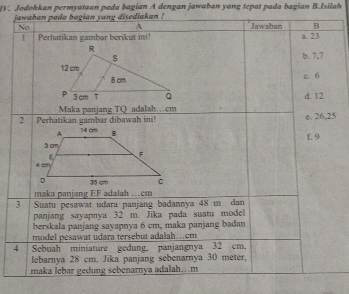 Jodohkan permyataan pada bagian A dengan jawaban yang tepat pada bagian B.Isilah
jawaban pada bagian yang disediakan !
No Jawaban B
A
I Perhatikan gambar berikut ini! a. 23
b. 7,7
c. 6
d. 12
Maka panjang TQ adalah…cm
Perhatikan gambar dibawah ini! e. 26, 25
f. 9
maka panjang EF adalah ... . cm
3 Suatu pesawat udara panjang badannya 48 m dan
panjang sayapnya 32 m. Jika pada suatu model
berskala panjang sayapnya 6 cm, maka panjang badan
model pesawat udara tersebut adalah…cm
4 Sebuah miniature gedung, panjangnya 32 cm,
lebarnya 28 cm. Jika panjang sebenarnya 30 meter,
maka lebar gedung sebenarnya adalah…m