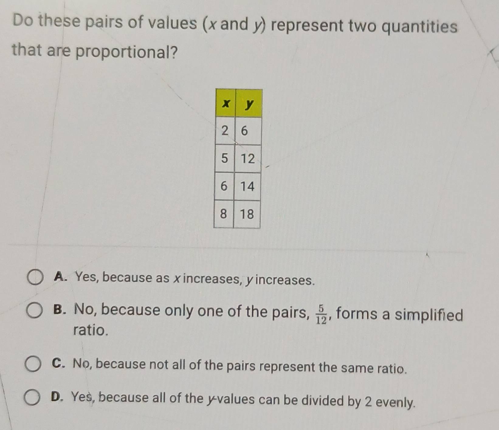 Solved: Do these pairs of values (x and y) represent two quantities ...