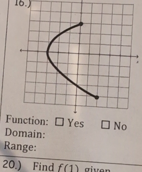 16.)
x
F □ No
Domain:
Range:
20.) Find f(1) σiven