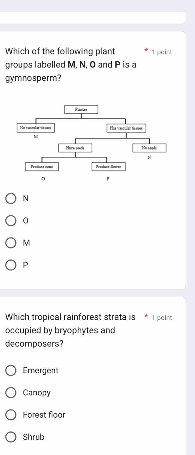 Which of the following plant 1 point
groups labelled M, N, O and P is a
gymnosperm?
N
0
M
P
Which tropical rainforest strata is * 1 point
occupied by bryophytes and
decomposers?
Emergent
Canopy
Forest floor
Shrub