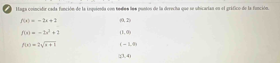 Haga coincidir cada función de la izquierda con todos los puntos de la derecha que se ubicarían en el gráfico de la función.
f(x)=-2x+2
(0,2)
f(x)=-2x^2+2
(1,0)
f(x)=2sqrt(x+1)
(-1,0)
(3,4)