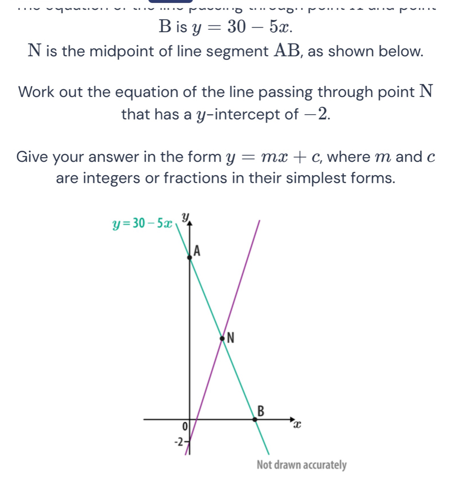 Bis y=30-5x.
N is the midpoint of line segment AB, as shown below.
Work out the equation of the line passing through point N
that has a y-intercept of −2.
Give your answer in the form y=mx+c , where m and c
are integers or fractions in their simplest forms.
y=30-5x
Not drawn accurately