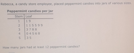 Rebecca, a candy store employee, placed peppermint candies into jars of various sizes. 
How many jars had at least 12 peppermint candies?