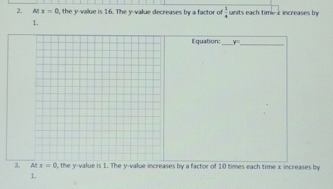 At x=0 , the y -value is 16. The y -value decreases by a factor of  1/4  units each time x increases by 
1. 
Equation:_ y= _ 
3. At x=0 , the y -value is 1. The y -value increases by a factor of 10 times each time x increases by
1.